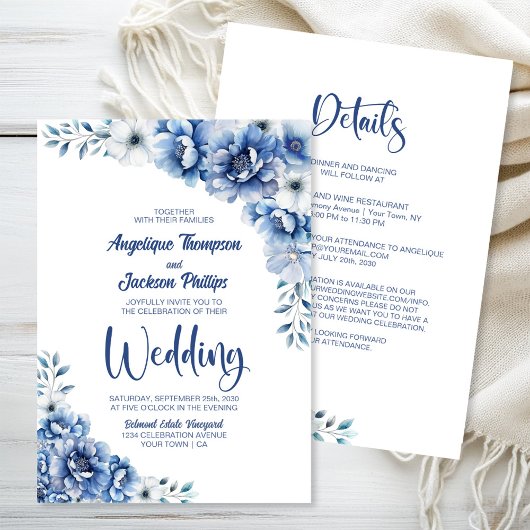 Alles in een blauwe bloemenbruiloft kaart
