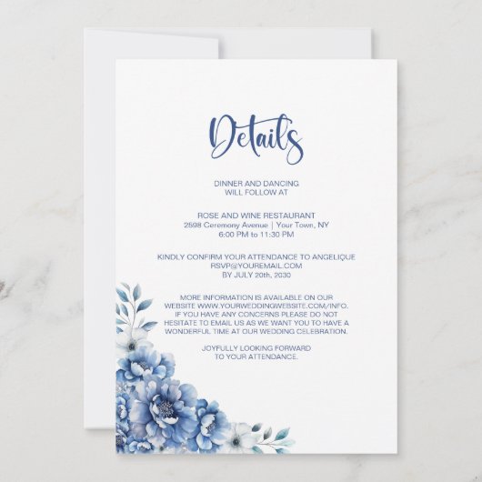 Alles in een blauwe bloemenbruiloft kaart (Achterkant)