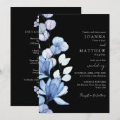 Alles in één blauwe bloemenzwart-witte bruiloft kaart (Voorkant / Achterkant)