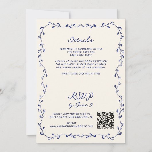 Alles in een blauwe hand getekend QR Code bruiloft Kaart (Achterkant)