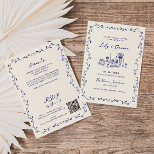 Alles in een blauwe hand getekend QR Code bruiloft Kaart
