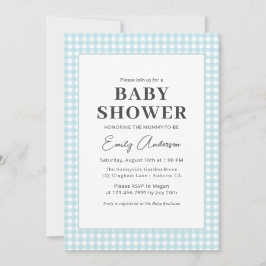 Alles in één Blue Gingham Baby Shower Kaart (Voorkant)