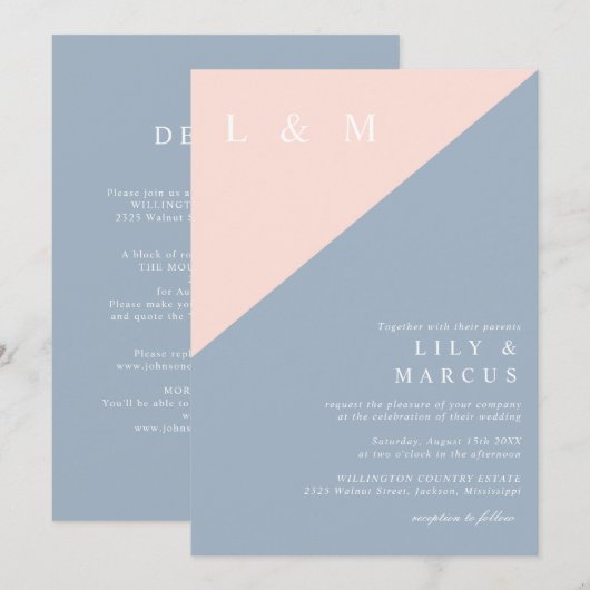 Alles in één blush stoffige blauwe minimalistische kaart (Voorkant / Achterkant)