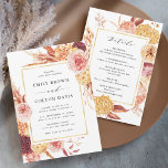 Alles in één boho Burgundy Terracotta Floral Weddi Kaart<br><div class="desc">Deze all-in-one trouwuitnodiging bevat roestrijke waterverf bloemen in terracotta, bruine, verbrande oranje, geel en verbluffend met beige en bruine pampasgras, een gouden rechthoekig lijst, en trouwdetails op de rug. Voor meer geavanceerde aanpassing van dit ontwerp, te klikken gelieve de BUTTON van het TOOL VAN HET ONTWERP BLAUW. Overeenkomende objecten zijn...</div>