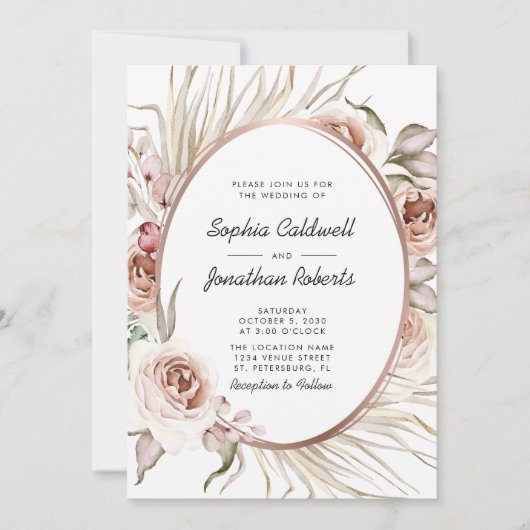 Alles in één boho Floral Roos Gold Metallic Weddin Kaart (Voorkant)