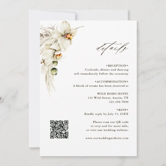 Alles in één boho Pampas grass Orchid Floral Wedde Kaart (Achterkant)