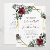 Alles in één Bourgogne Amaryllis Pine Gold Wedding Kaart (Voorkant / Achterkant)