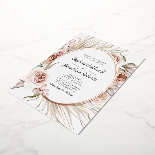 Alles in één bruiloft Boho Floral Real Roos Gold Folie Uitnodiging (Gedraaid)