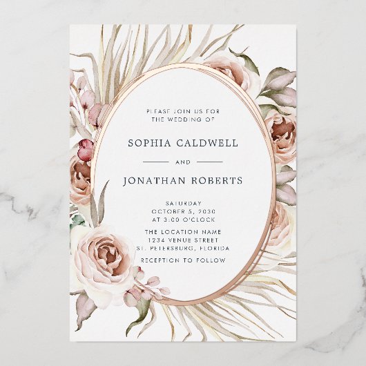 Alles in één bruiloft Boho Floral Real Roos Gold Folie Uitnodiging (Voorkant)