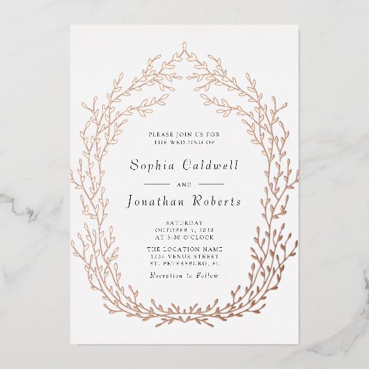 Alles in één bruiloft Botanisch Wreated Roos Gold Folie Uitnodiging (Voorkant)