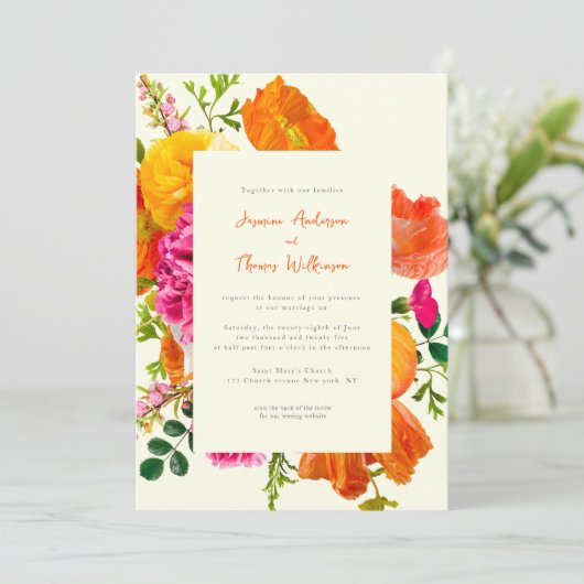 Alles in een bruiloft QR Code oranje Poppy bruilof Kaart (Staand voorkant)