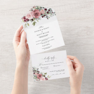 Alles in een bruiloft uitnodigen met roze bloemen all in one uitnodiging