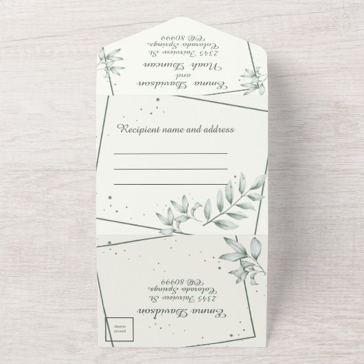 Alles in één bruiloft uitnodiging en RSVP Groen bl (Buitenkant)