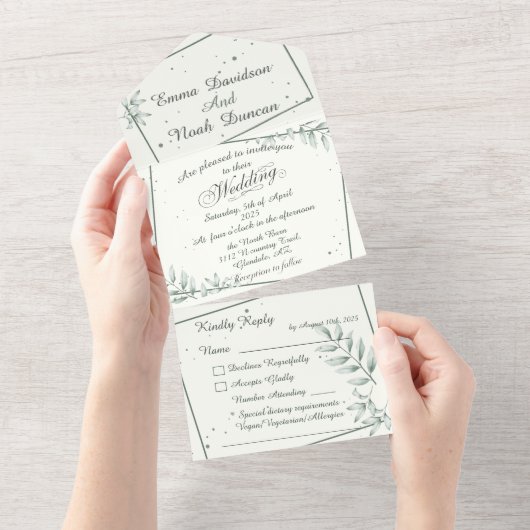 Alles in één bruiloft uitnodiging en RSVP Groen bl (Afscheurbaar)