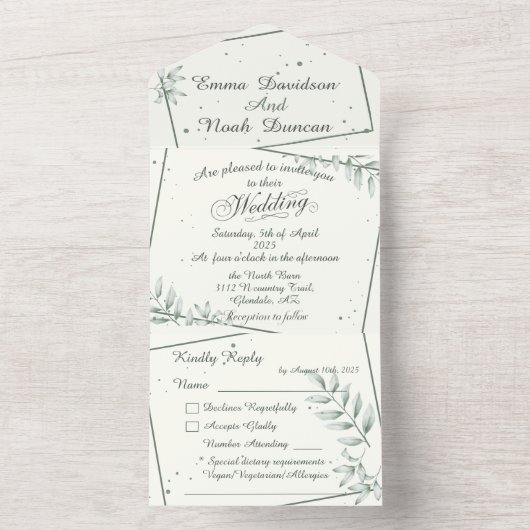 Alles in één bruiloft uitnodiging en RSVP Groen bl (Binnen)