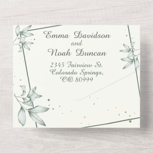 Alles in één bruiloft uitnodiging en RSVP Groen bl (Achterkant)