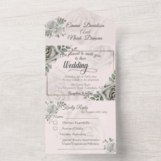 Alles in één bruiloft uitnodiging en RSVP witte ro (Binnen)