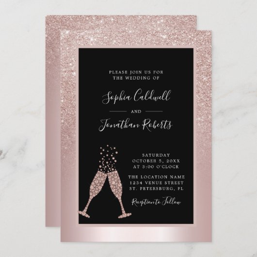 Alles in één Champagne Toast Blush Glitter Weddens Kaart (Voorkant / Achterkant)