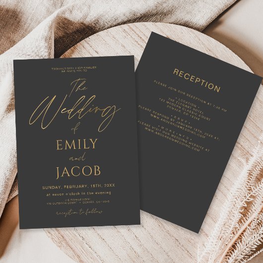 Alles in één Charcoal Grey Gold Wedding Script Kaart