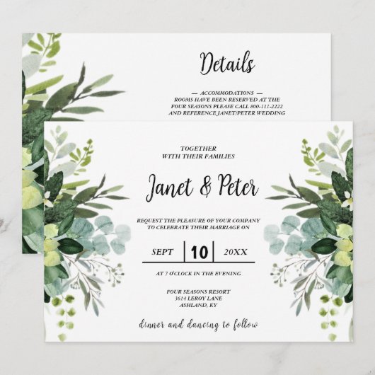 Alles in één, elegant met eucalyptusbladeren Wedde Kaart (Voorkant / Achterkant)