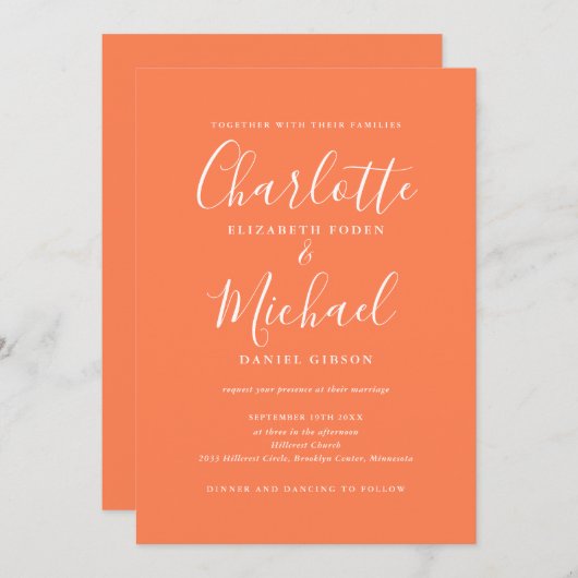 Alles in één elegant modern script koraal bruiloft kaart (Voorkant / Achterkant)