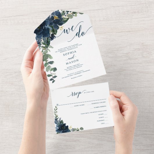 Alles in één Elegant Royal Navy Wedding Invite All In One Uitnodiging (Afscheurbaar)