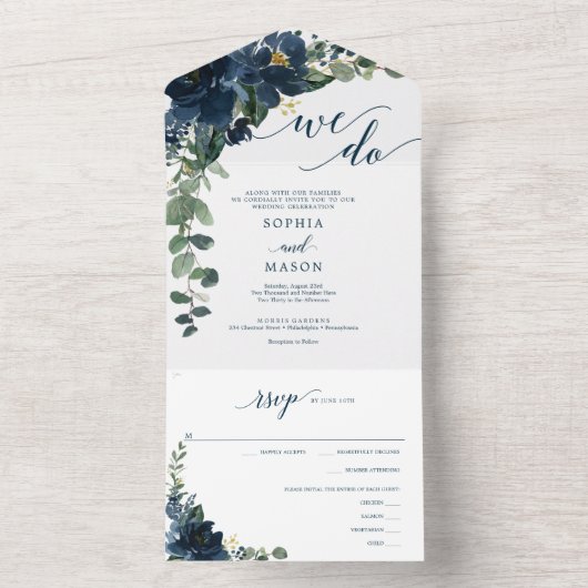 Alles in één Elegant Royal Navy Wedding Invite All In One Uitnodiging (Binnen)