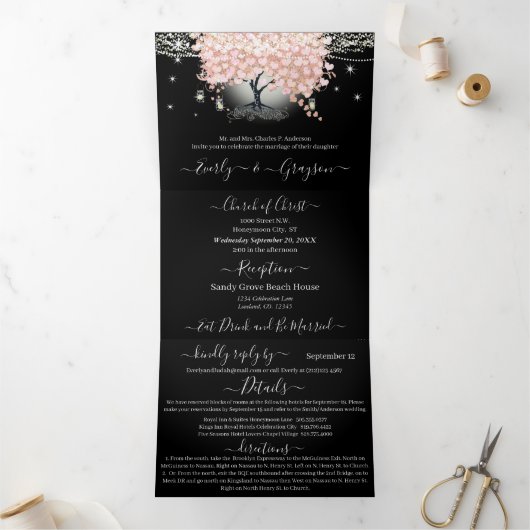 Alles in één elegant roze hartref weddenschap met  drieluik uitnodiging (Binnen)