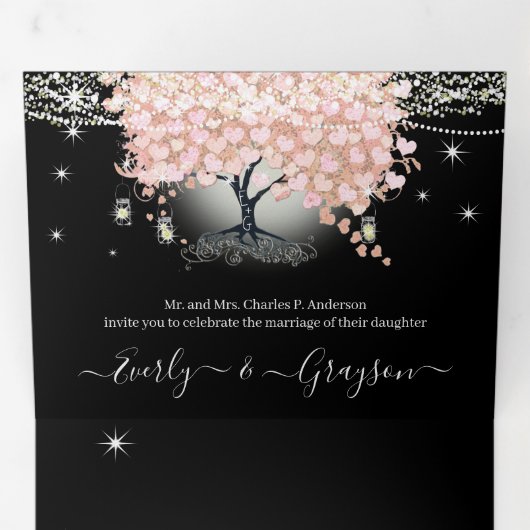 Alles in één elegant roze hartref weddenschap met  drieluik uitnodiging (Binnenzijde eerst)