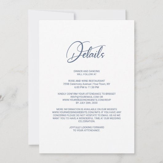 Alles in één elegante blauwe witte bloemenbruiloft kaart (Achterkant)