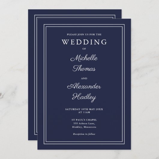 Alles in één elegante Border Navy Blue bruiloft Kaart (Voorkant / Achterkant)