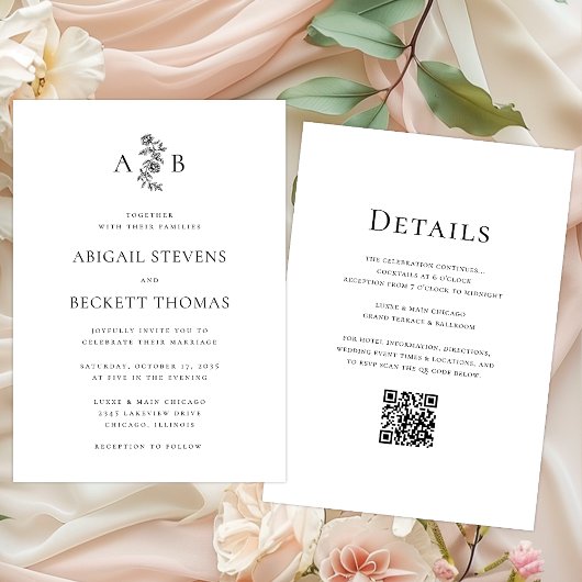 Alles in één elegante botanische monogram bruiloft kaart