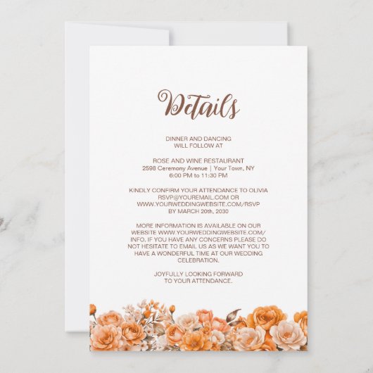 Alles in één elegante Oranje bloemenbruiloft Kaart (Achterkant)