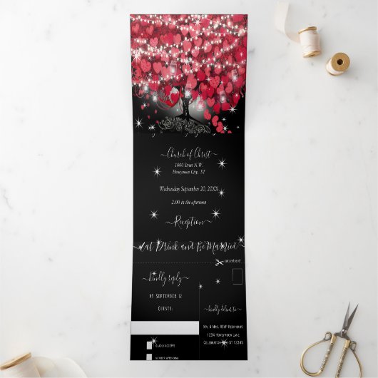 Alles in één elegante rode en roze hartritmebruilo drieluik uitnodiging (Binnen)