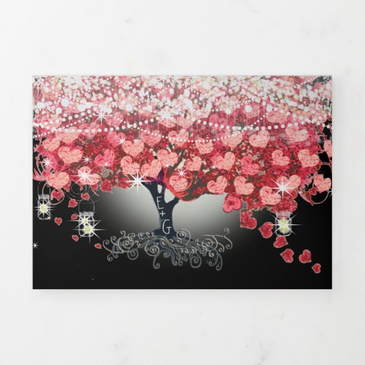 Alles in één elegante rode en roze hartritmebruilo drieluik uitnodiging (Cover)