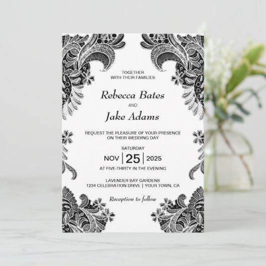 Alles in één elegante zwarte witte lace-bruiloft kaart (Staand voorkant)