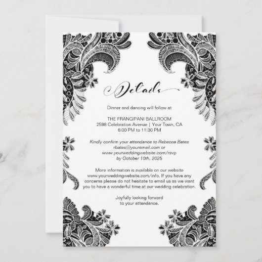 Alles in één elegante zwarte witte lace-bruiloft kaart (Achterkant)