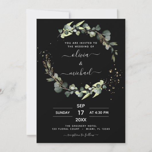Alles in één Eucalyptus Black Rustic Wedding Kaart (Voorkant)