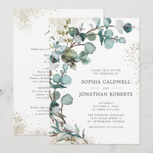 Alles in één Eucalyptus Gold Glitter Weddenschap Kaart (Voorkant / Achterkant)