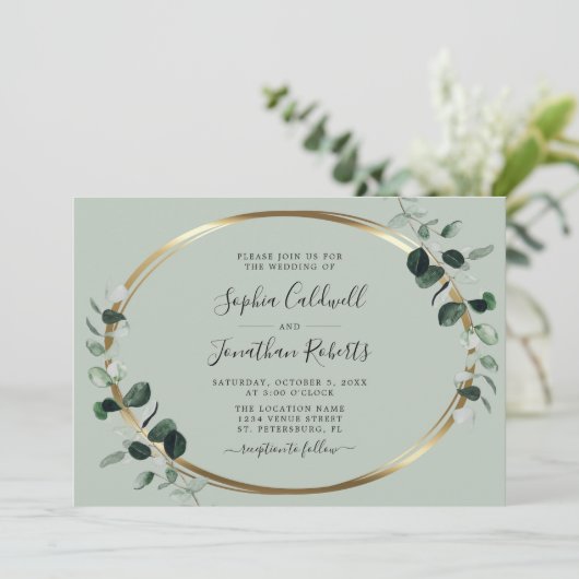 Alles in één Eucalyptus Gold Sage Horizontal Weddi Kaart (Staand voorkant)