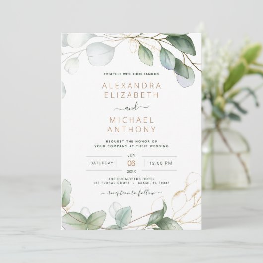 Alles in één Eucalyptus groen QR code bruiloft Kaart (Staand voorkant)