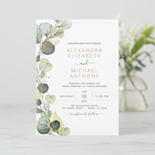 Alles in één Eucalyptus groen QR code bruiloft Kaart (Staand voorkant)