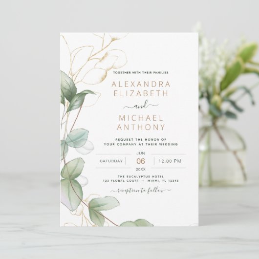 Alles in één Eucalyptus groen QR code bruiloft Kaart (Staand voorkant)