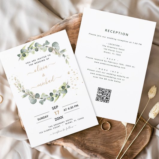 Alles in één Eucalyptus QR Code Greenery Wedding Kaart