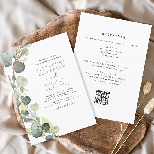 Alles in één Eucalyptus QR Code Wedding Greenery Kaart