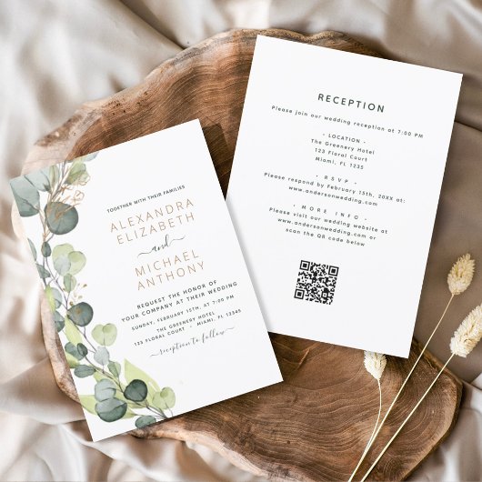 Alles in één Eucalyptus QR Code Wedding Greenery Kaart