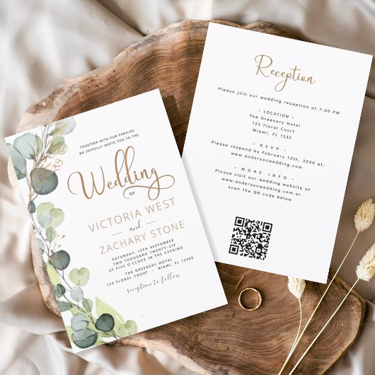 Alles in één Eucalyptus QR Code Wedding Greenery Kaart