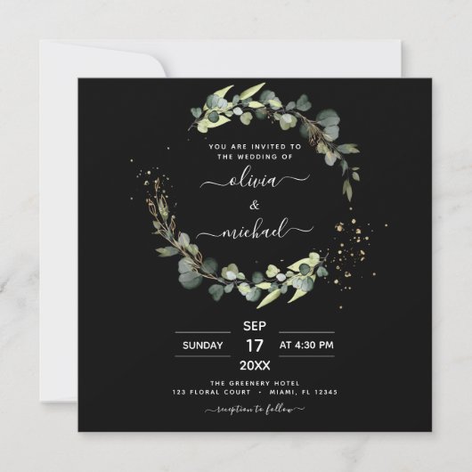 Alles in één Eucalyptus Rustic Black Wedding Kaart (Voorkant)