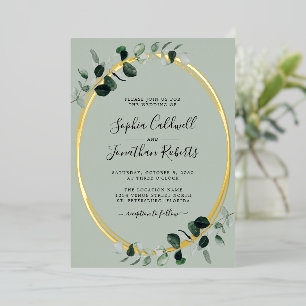 Alles in één Eucalyptus Sage Gold Oval Weddenschap Folie Uitnodiging