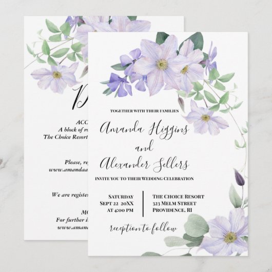 Alles in één Floral Lila clematis bruiloft Kaart (Voorkant / Achterkant)